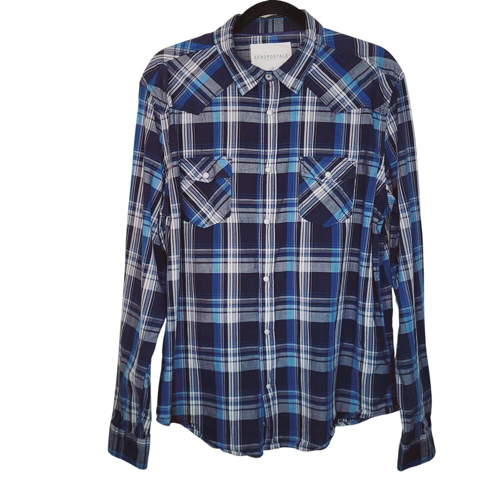 Aeropostale Western Pearl Snap Buttons Blue Plaid Cotton Shirt Size Large